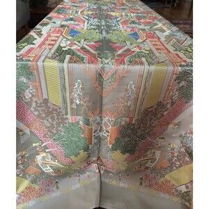 Vtg Chinese Embroidered Satin Tablecloth Pagoda Palace Scene 84x58 Sage Green